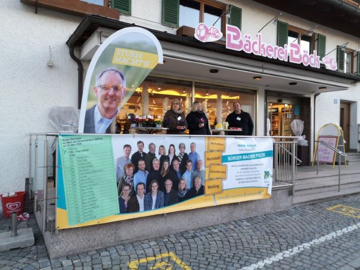 Infostand der Freien Wähler Weßling vor der Bäckerei Böck am 22.02.20